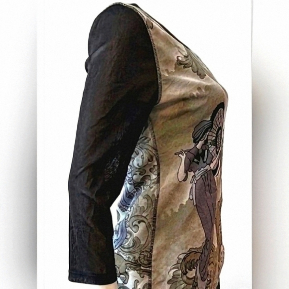 All Over MGM Print 3/4 Sleeve Sheer Arm Mesh. Longsleeve Dames & Dogs. L - Picture 3 of 7